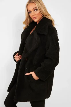 Rebellious Fashion Black Faux Fur Button Front Teddy Coat - Aamna