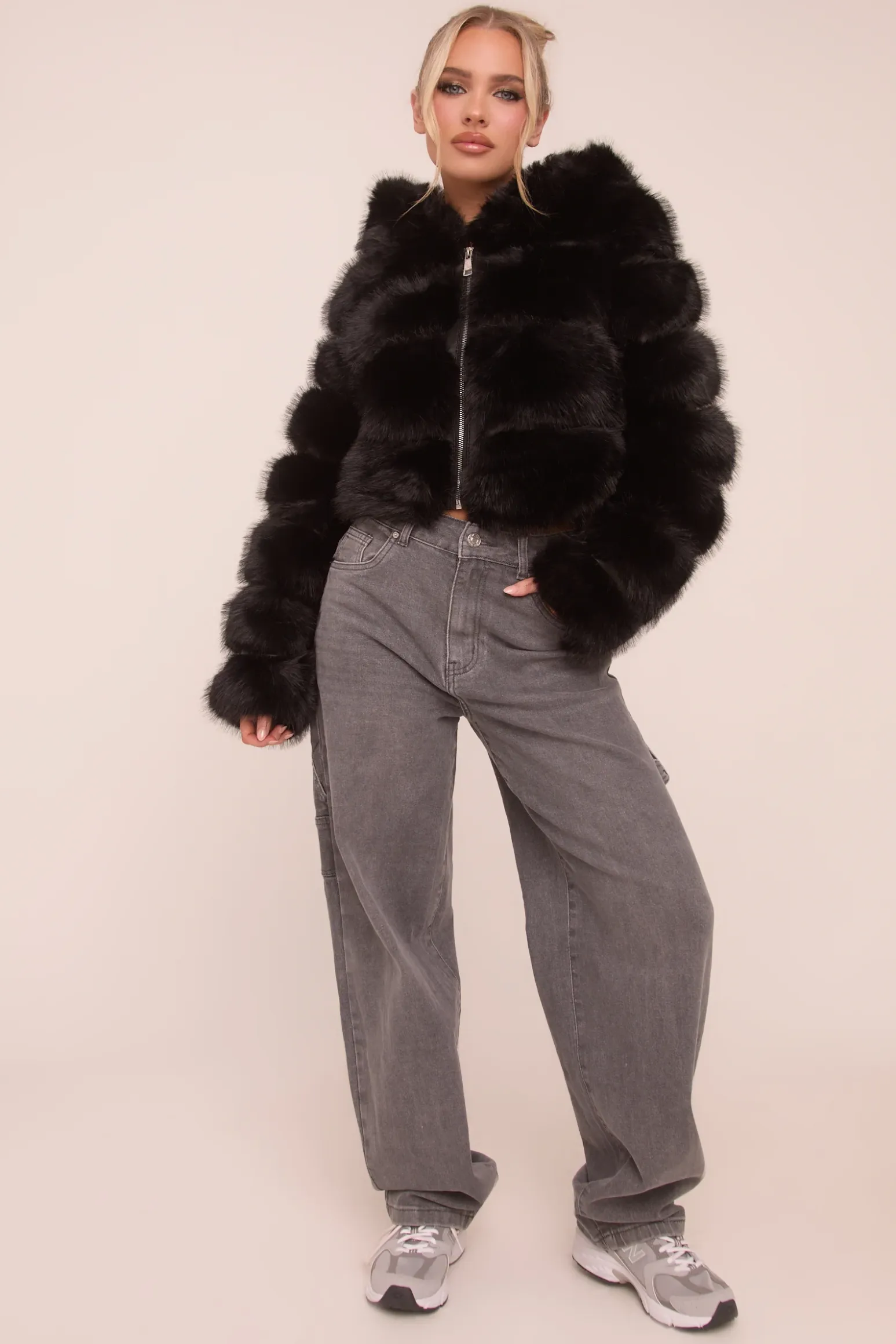 Rebellious Fashion Black Faux Fur Hooded Cropped Coat - Adriel