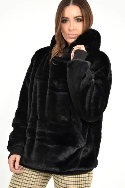 Rebellious Fashion Black Faux Fur Pocket Front Hoodie - Madi