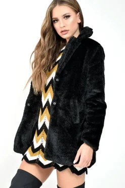 Rebellious Fashion Black Faux Fur Popper Button Coat - Clarisa