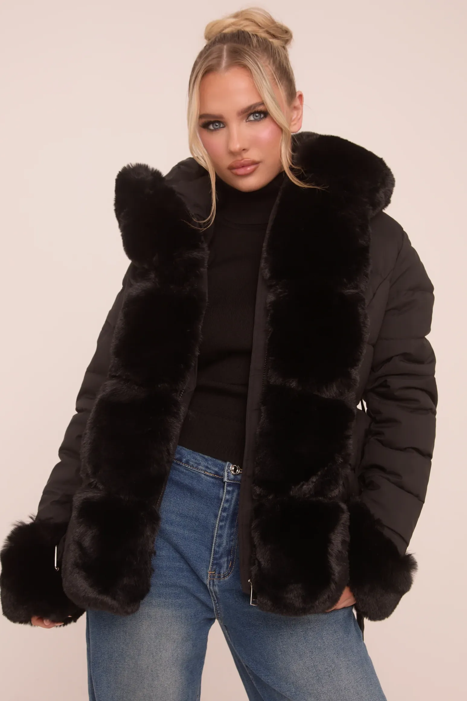 Rebellious Fashion Black Faux Fur Trim Hooded Puffer Jacket - Betty