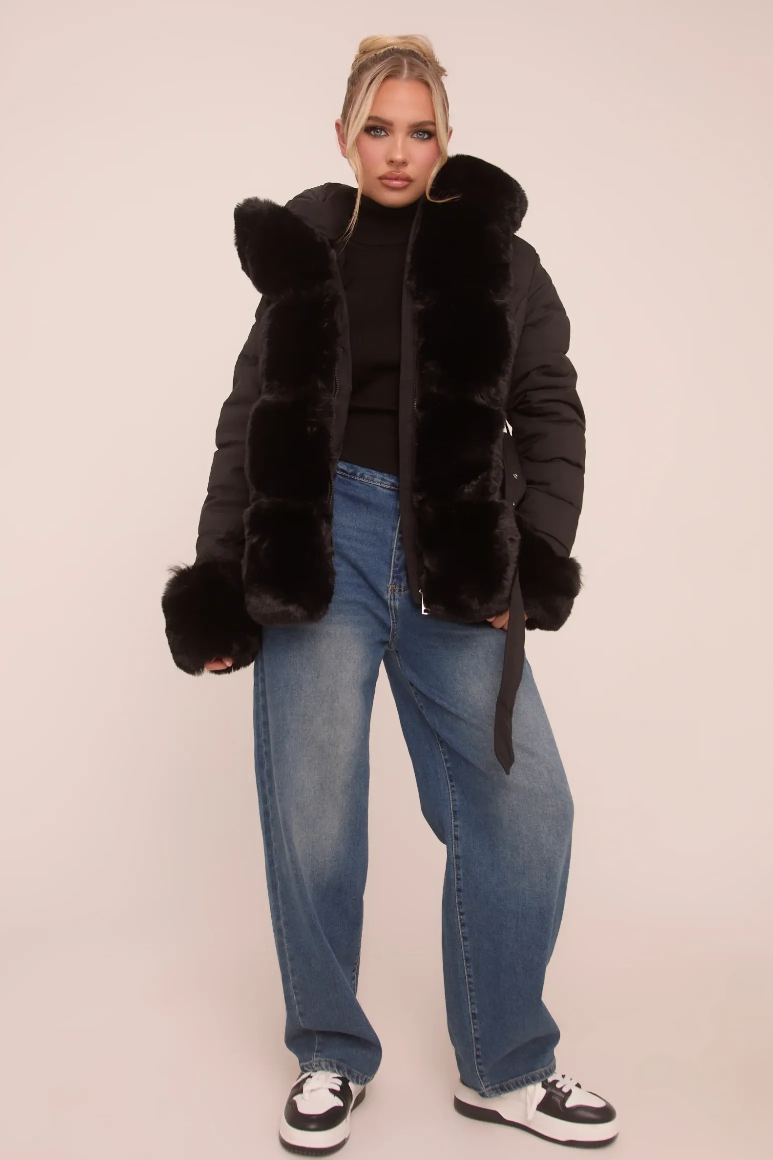 Rebellious Fashion Black Faux Fur Trim Hooded Puffer Jacket - Betty