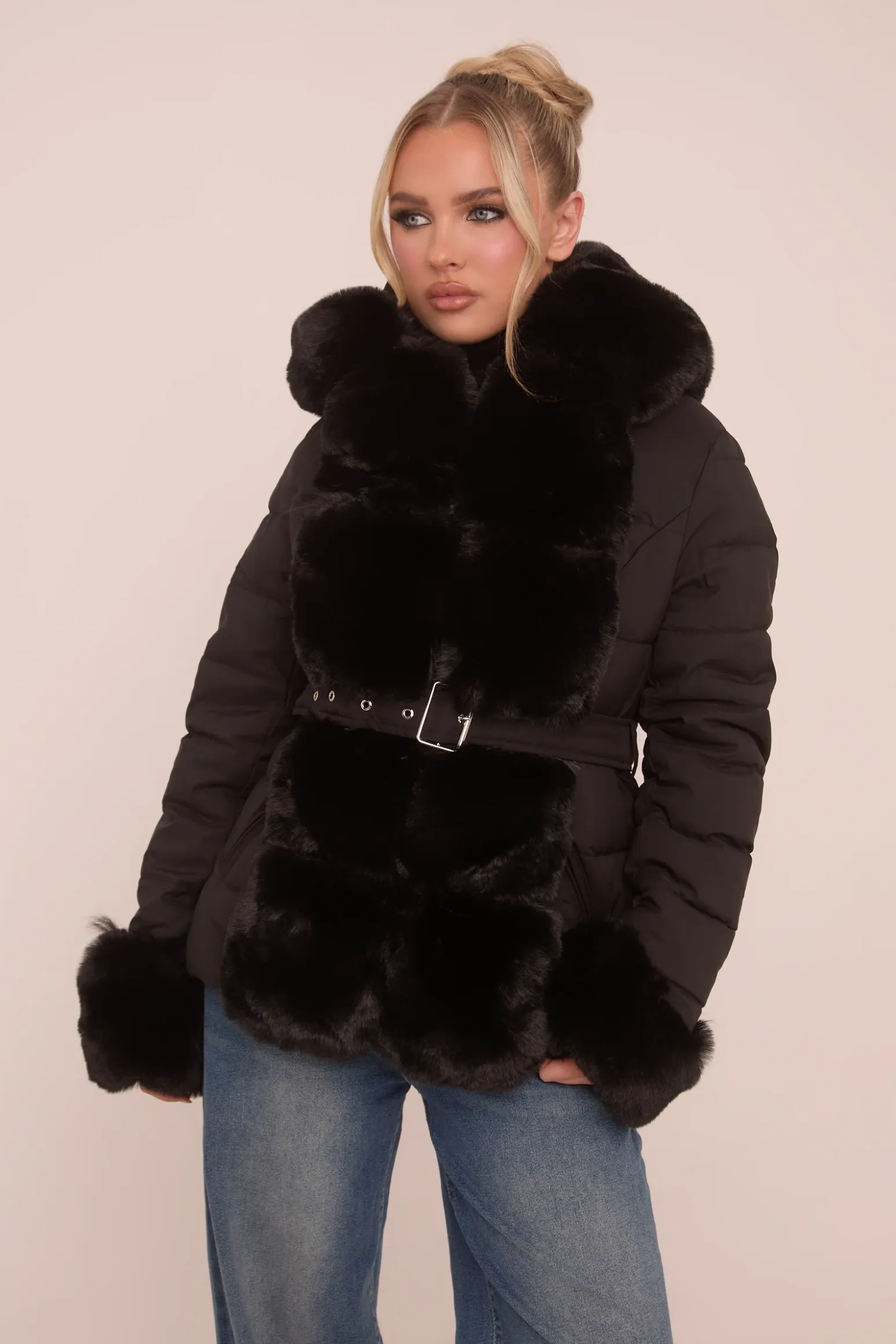 Rebellious Fashion Black Faux Fur Trim Hooded Puffer Jacket - Betty