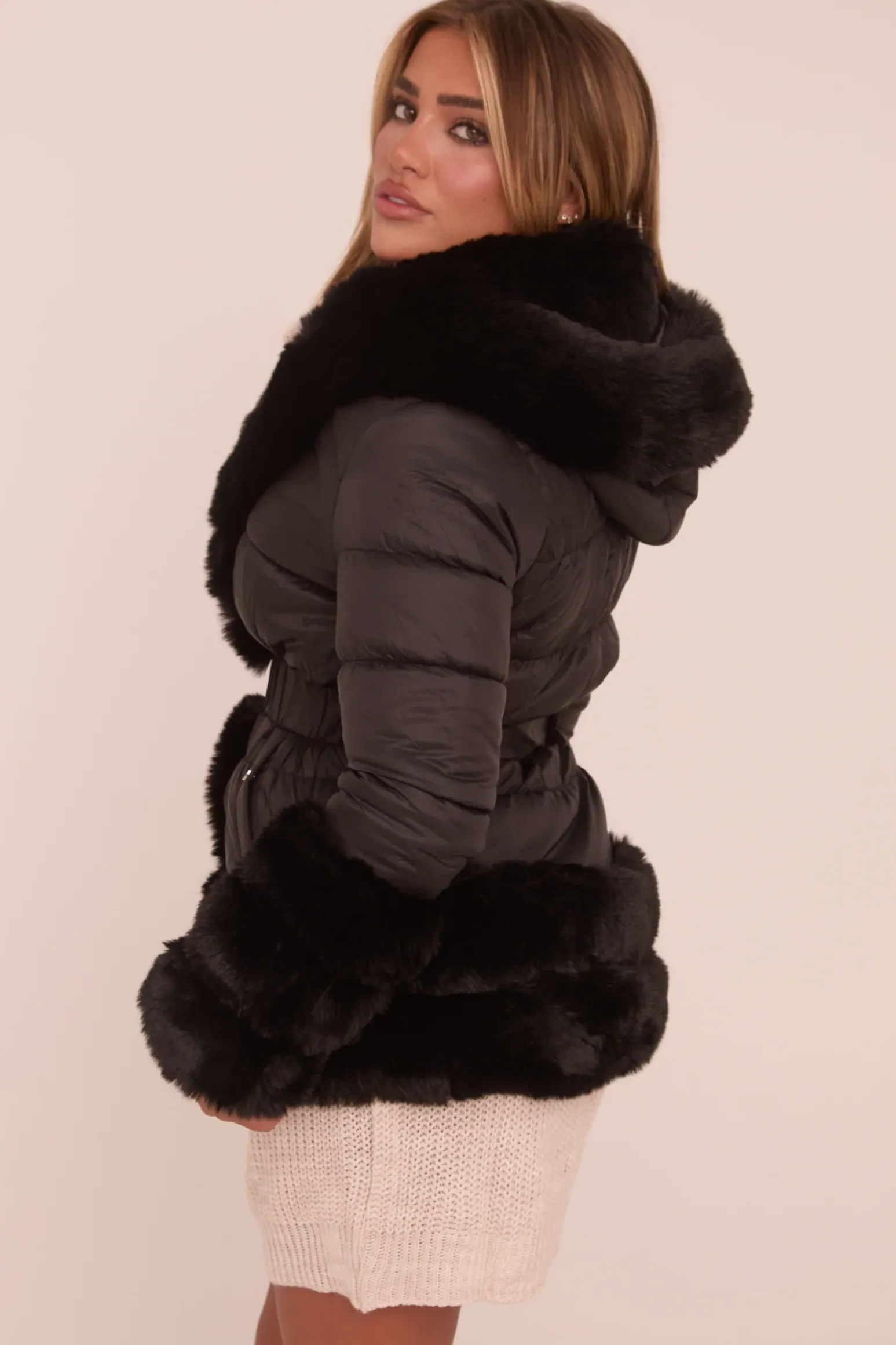 Rebellious Fashion Black Faux Fur Trim Hooded Puffer Coat - Jane
