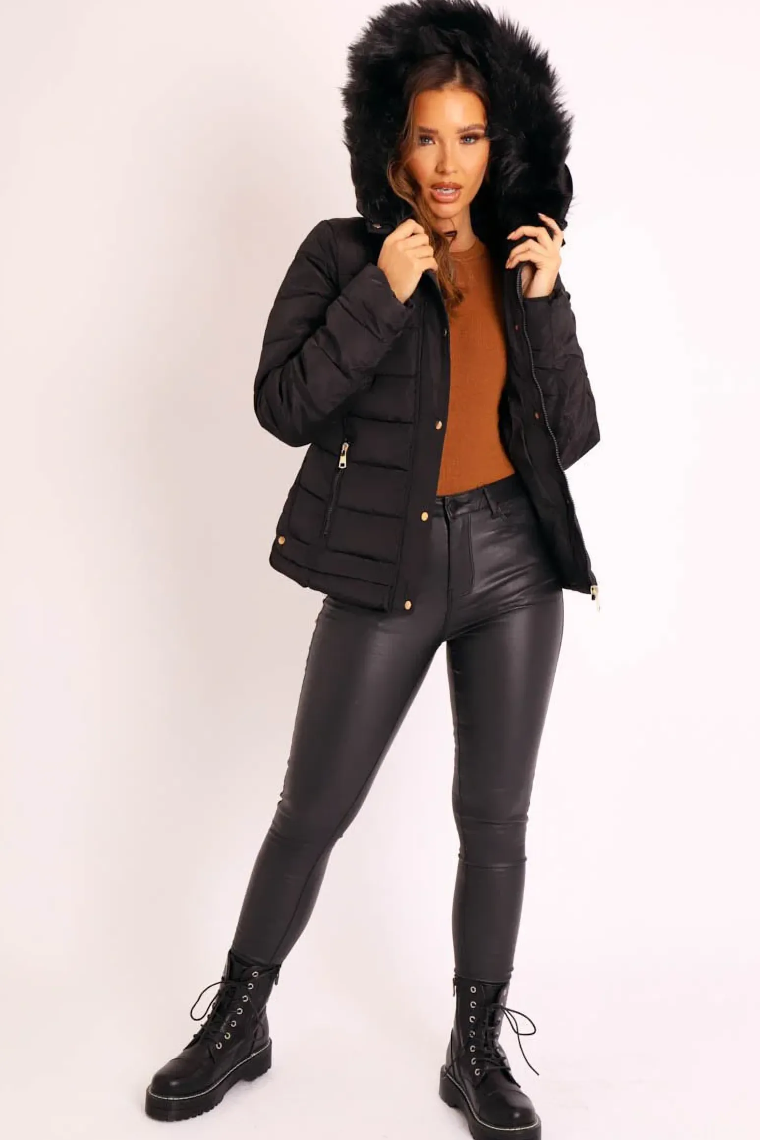 Rebellious Fashion Black Faux Fur Trim Hood Padded Coat - Jessabelle