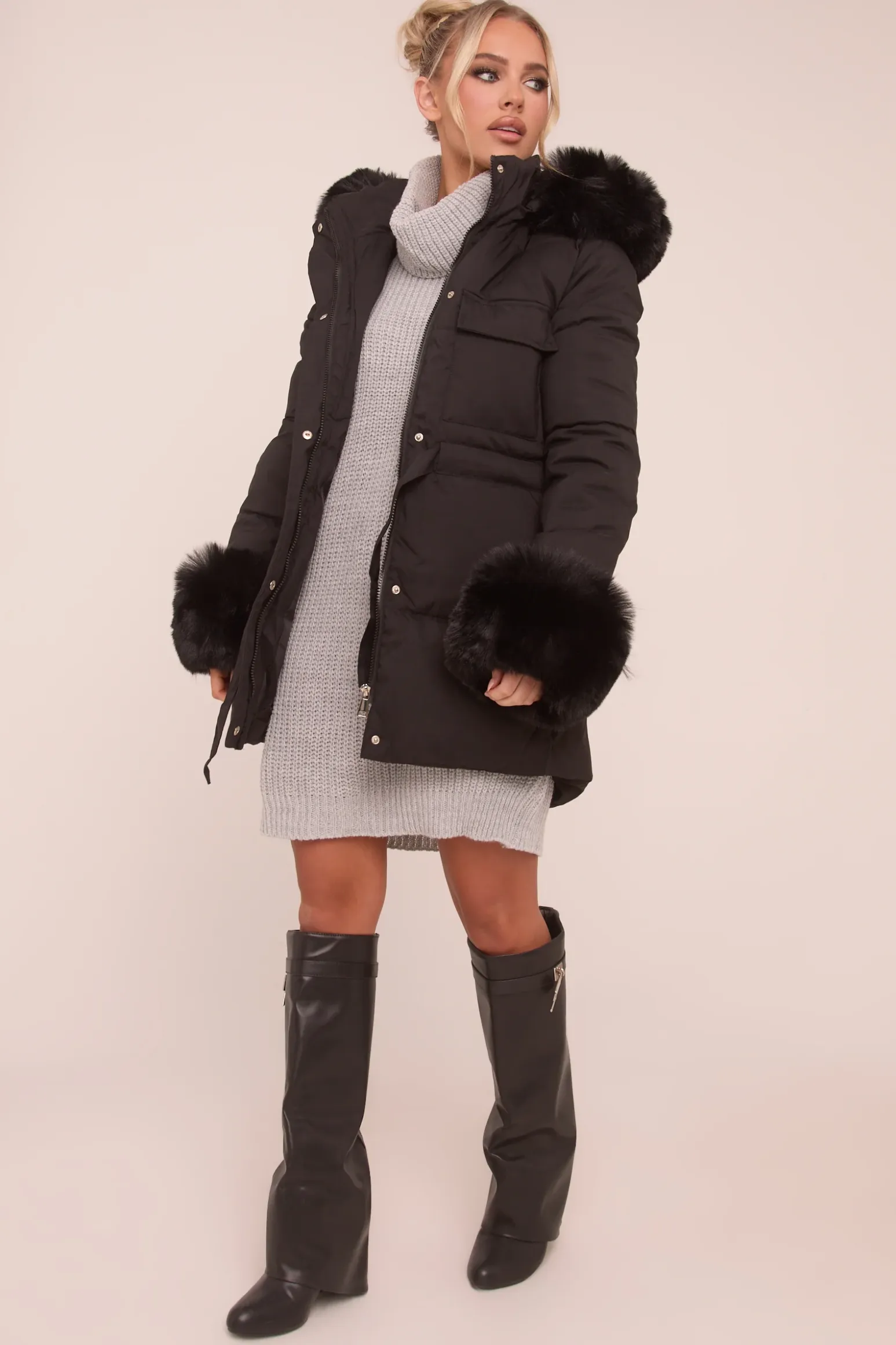 Rebellious Fashion Black Faux Fur Trim Longline Puffer Jacket - Candy