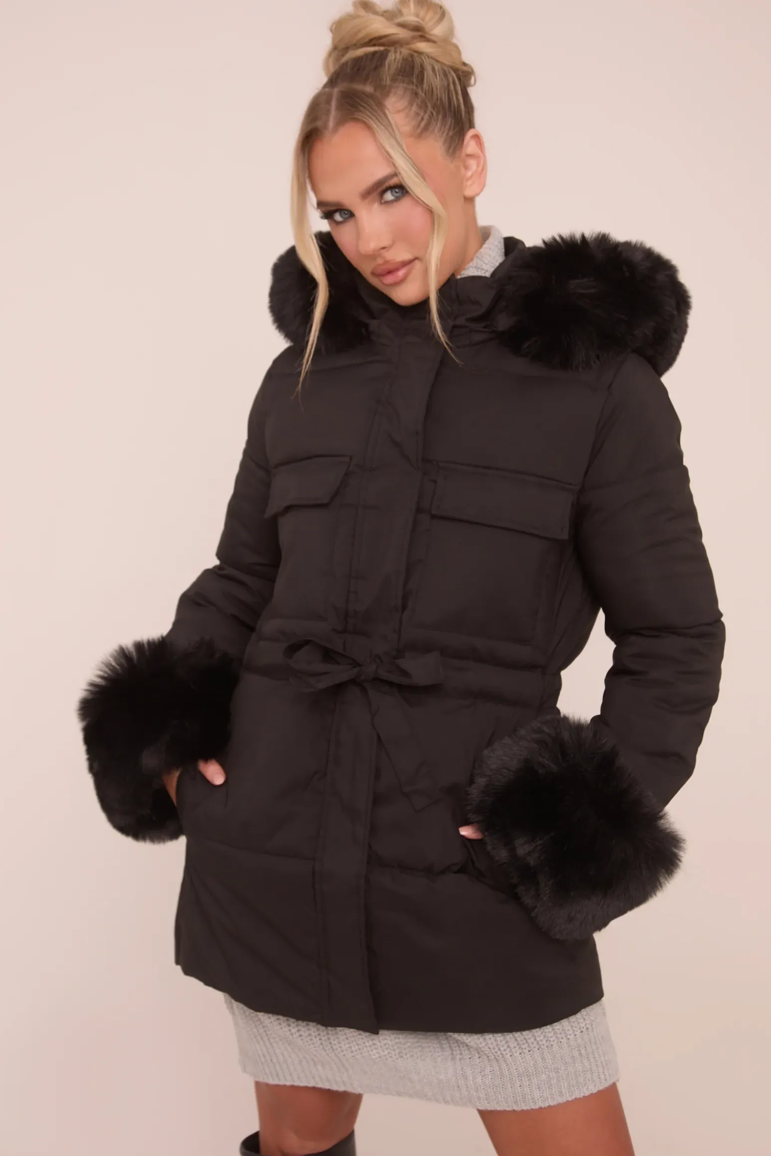 Rebellious Fashion Black Faux Fur Trim Longline Puffer Jacket - Candy
