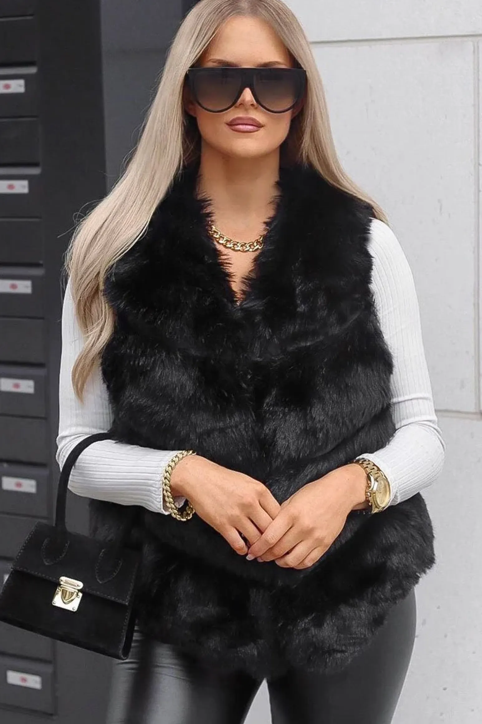 Rebellious Fashion Black Faux leather and Fur Gilet - Felicia