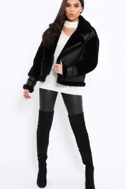 Rebellious Fashion Black Faux Leather And Fur Jacket - Rhea