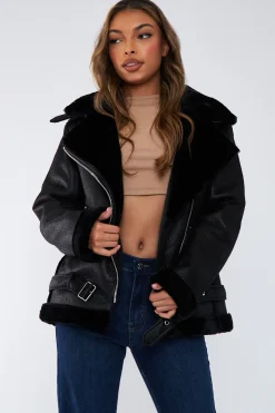 Rebellious Fashion Black Faux Leather Aviator Jacket - Juniper