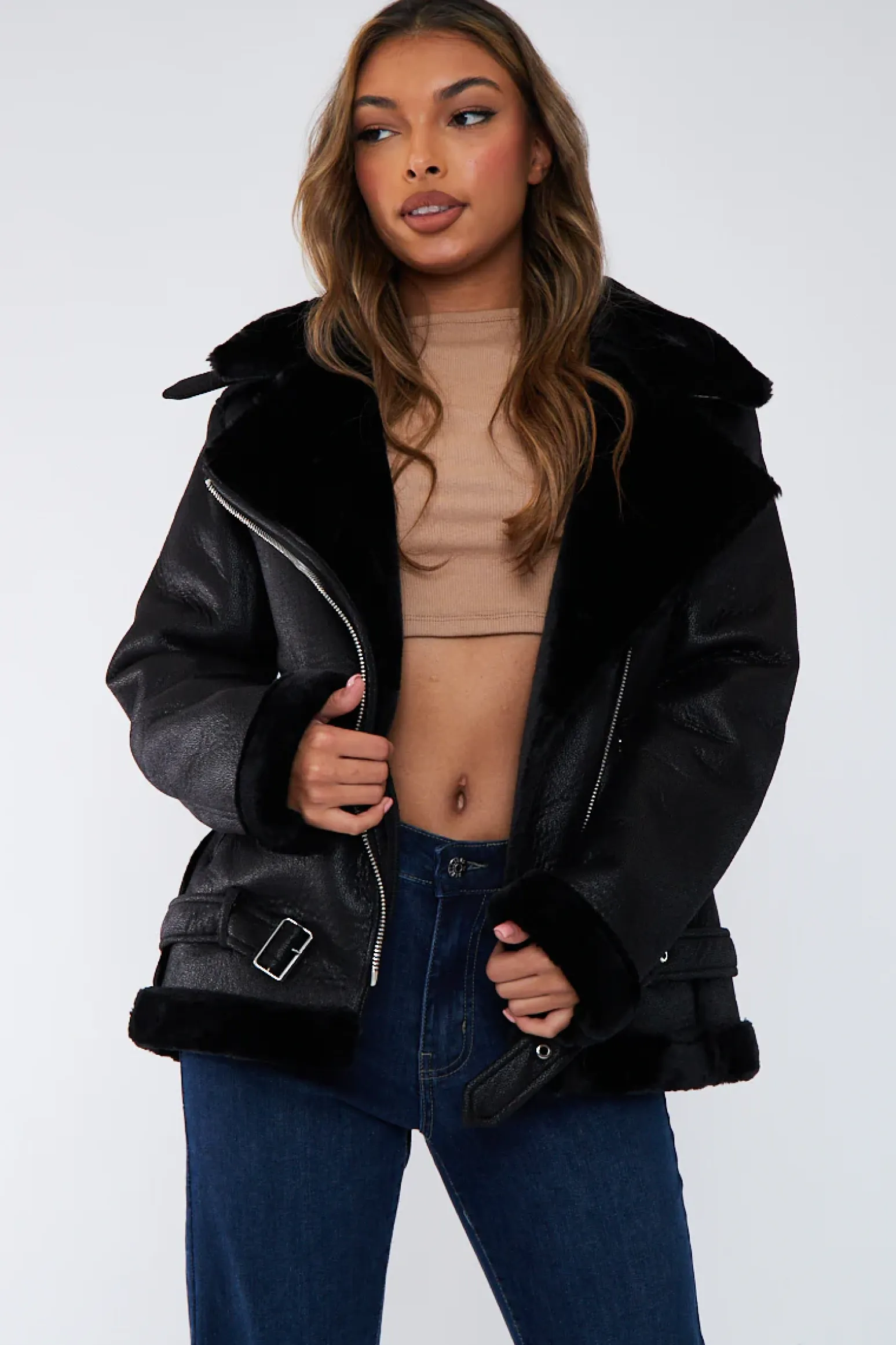 Rebellious Fashion Black Faux Leather Aviator Jacket - Juniper