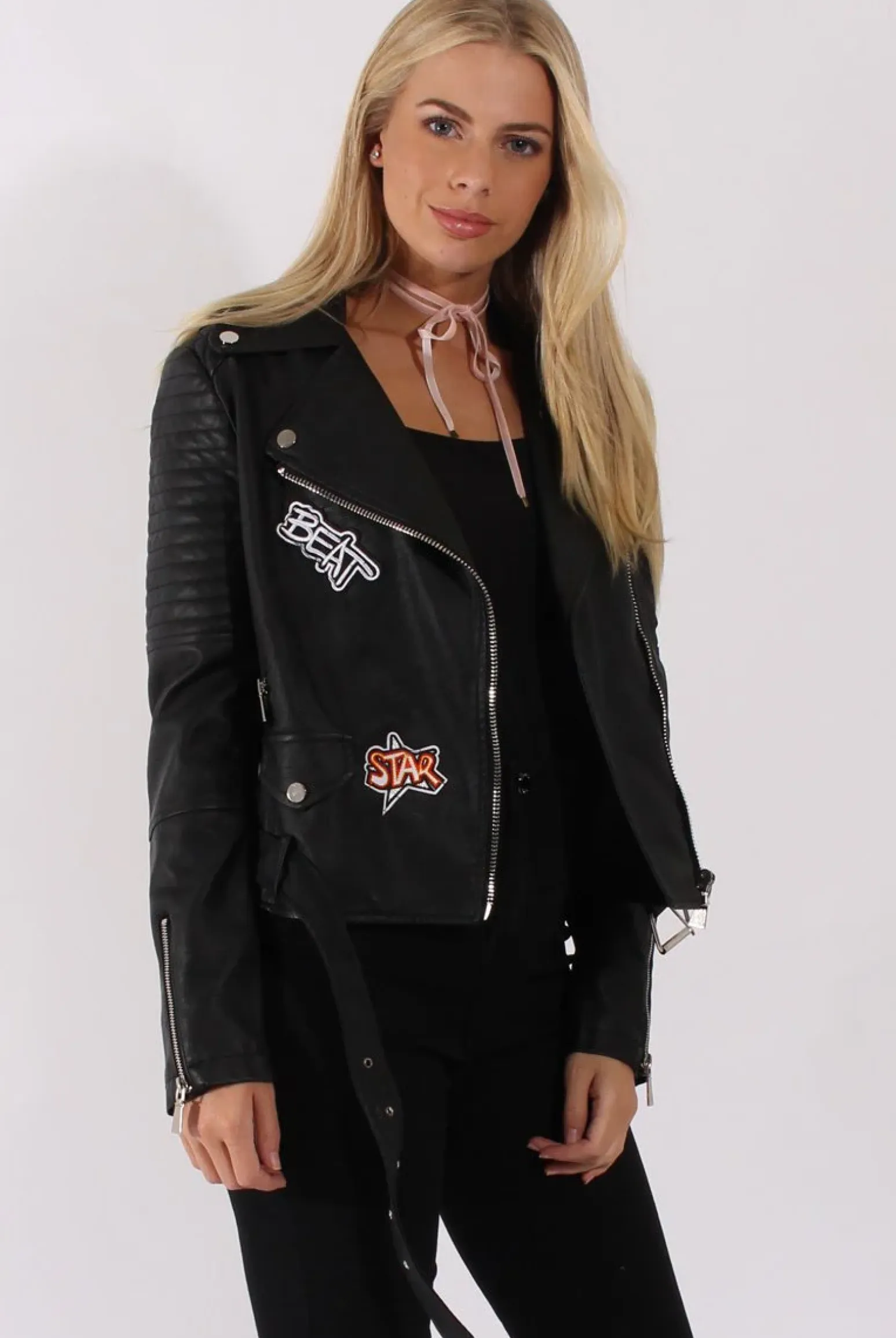 Rebellious Fashion Black Faux Leather Badge Biker Jacket - Fay