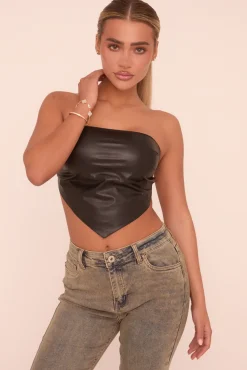 Rebellious Fashion Black Faux Leather Bandeau Backless Cropped Top - Demya