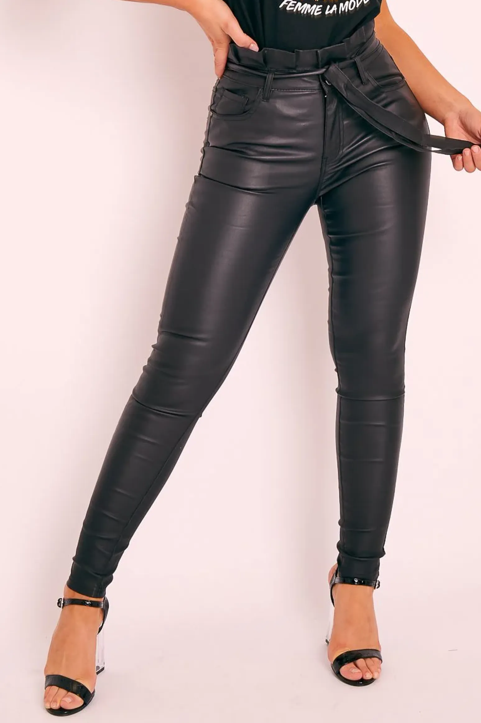 Rebellious Fashion Black Faux Leather Belted Jeans - Braylea