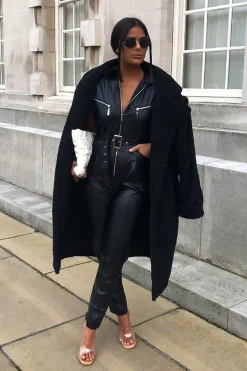 Rebellious Fashion Black Faux Leather Belted Short Sleeve Jumpsuit - Ryenne