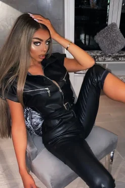 Rebellious Fashion Black Faux Leather Belted Short Sleeve Jumpsuit - Ryenne