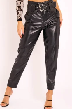 Rebellious Fashion Black Faux Leather Belted Straight Leg Trousers - Jamese