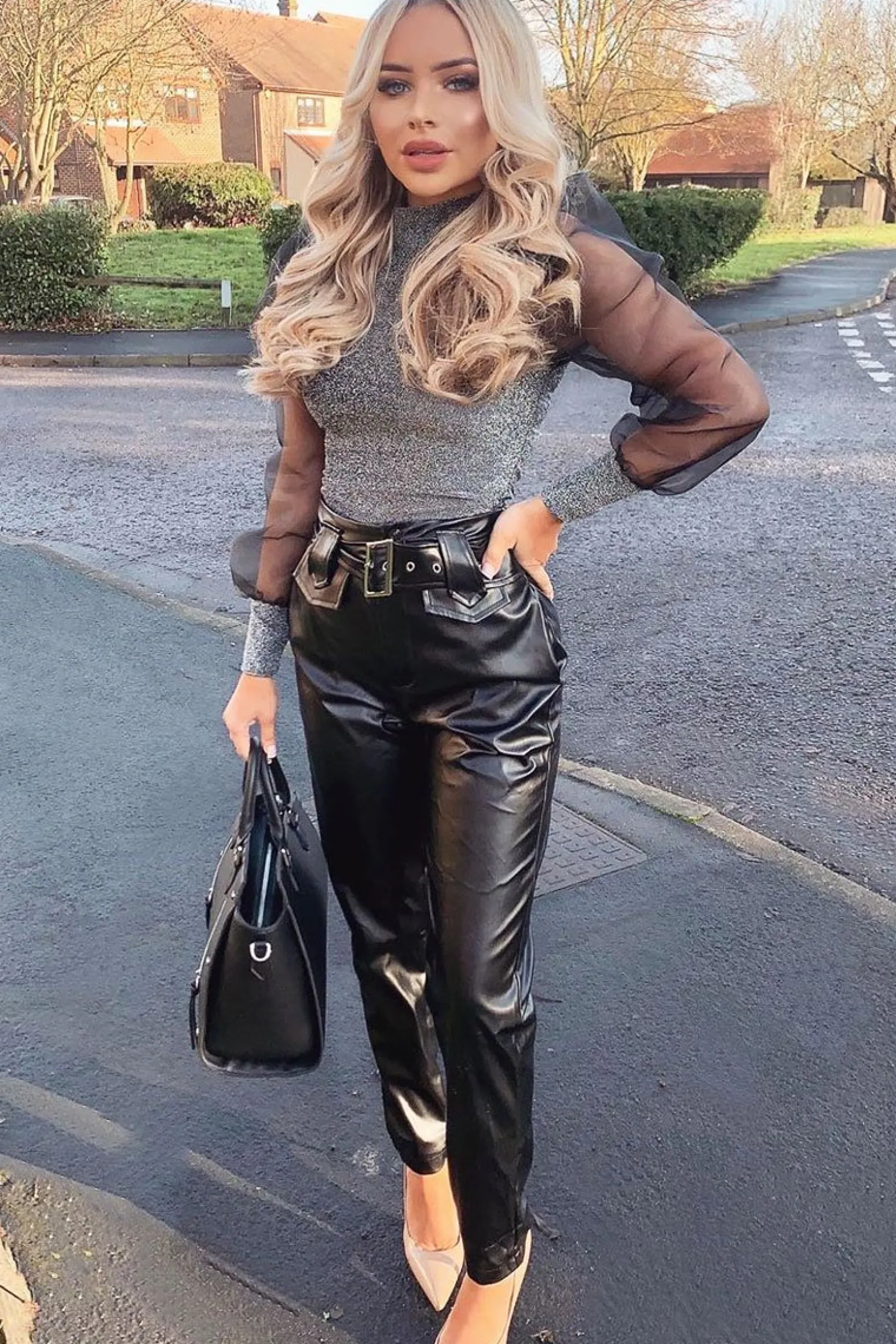 Rebellious Fashion Black Faux Leather Belted Straight Leg Trousers - Jamese