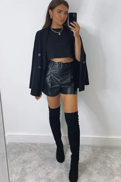 Rebellious Fashion Black Faux Leather Buckle Belt Shorts - Tamra