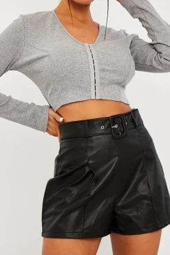 Rebellious Fashion Black Faux Leather Buckle Belt Shorts - Tamra
