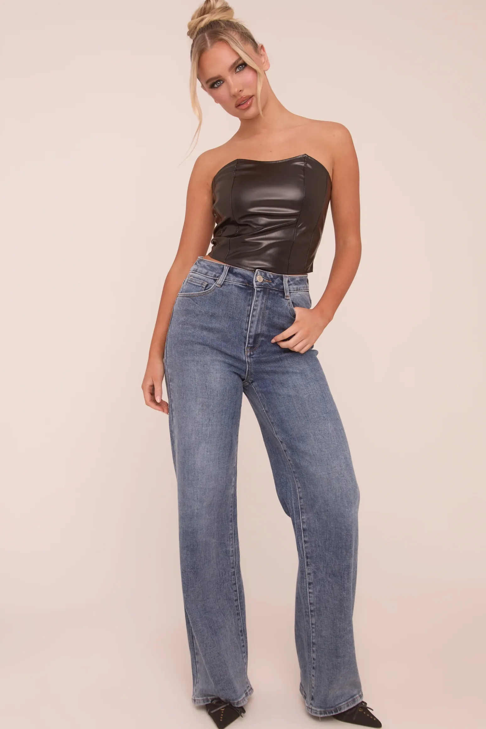 Rebellious Fashion Black Faux Leather Corset Detail Crop Top - Lorene