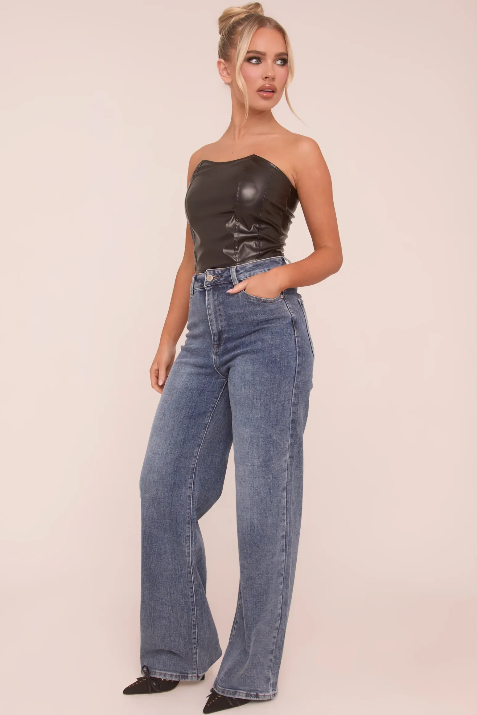 Rebellious Fashion Black Faux Leather Corset Detail Crop Top - Lorene