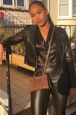 Rebellious Fashion Black Faux Leather Crop Zip Front Jacket - Deniya