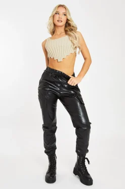Rebellious Fashion Black Faux Leather Cuffed Cargo Trousers - Beverly