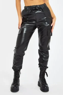 Rebellious Fashion Black Faux Leather Cuffed Cargo Trousers - Beverly