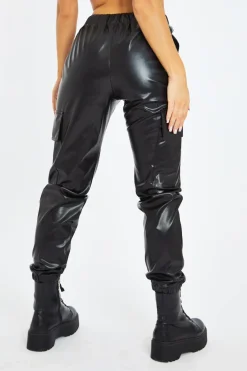 Rebellious Fashion Black Faux Leather Cuffed Cargo Trousers - Beverly