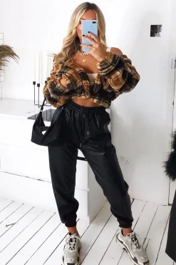 Rebellious Fashion Black Faux Leather Drawstring Waist Joggers - Persia