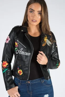 Rebellious Fashion Black Faux Leather Floral Embroidered Biker Jacket - Amelie