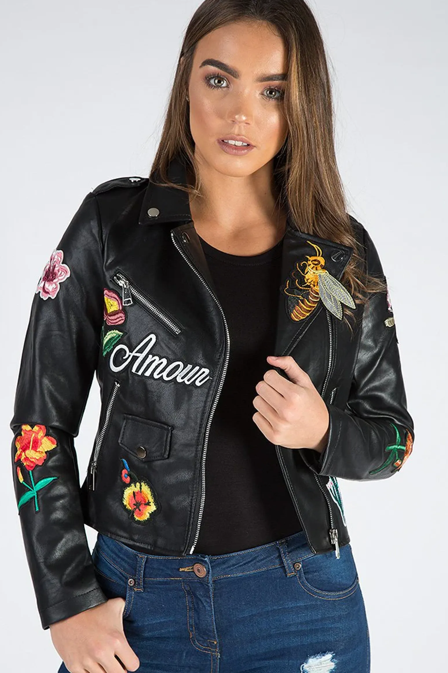 Rebellious Fashion Black Faux Leather Floral Embroidered Biker Jacket - Amelie
