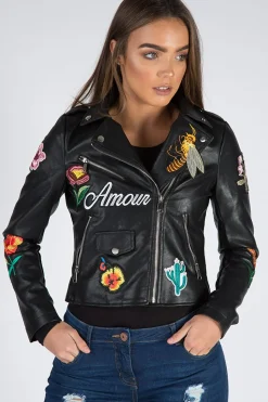 Rebellious Fashion Black Faux Leather Floral Embroidered Biker Jacket - Amelie