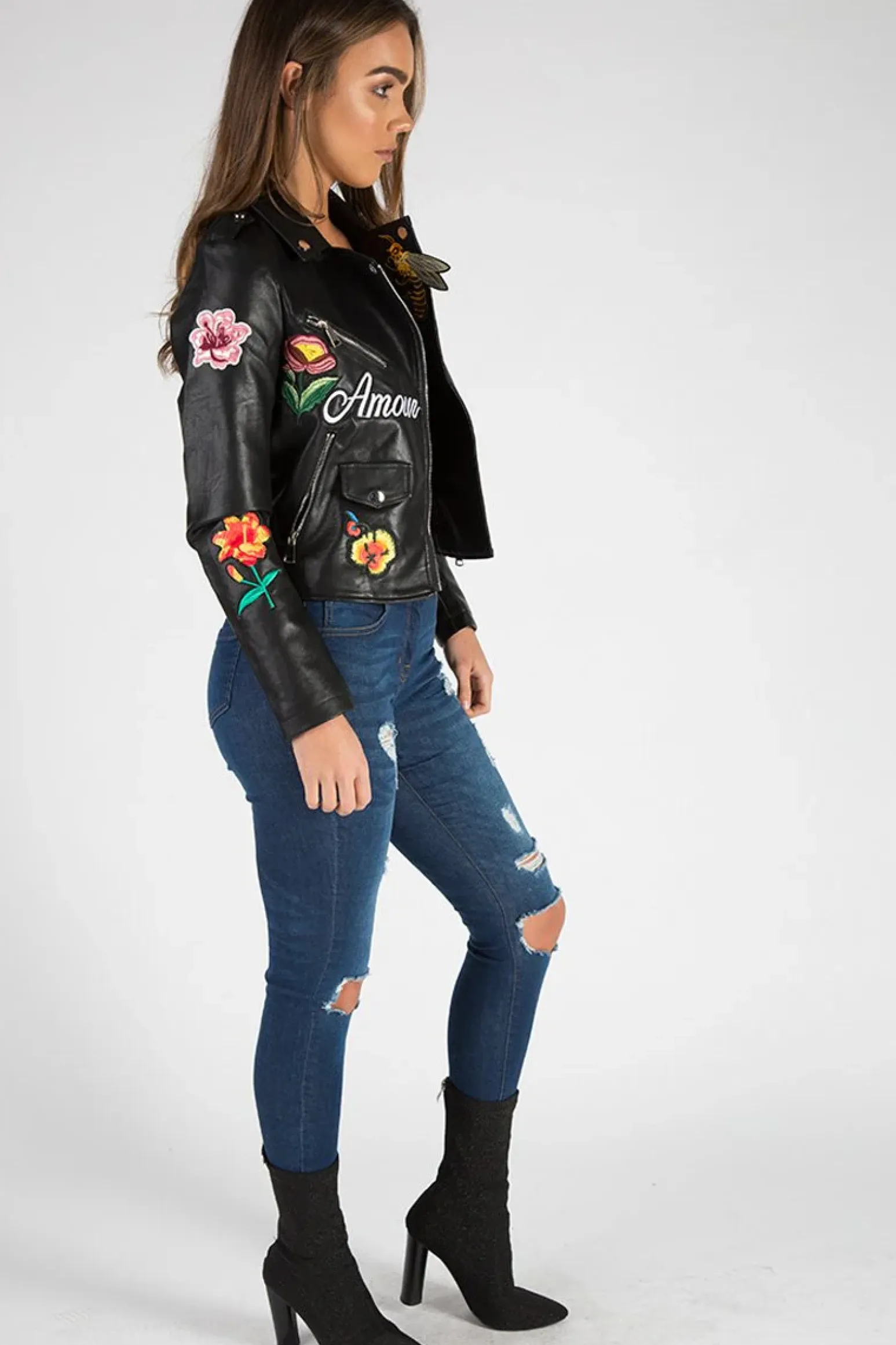 Rebellious Fashion Black Faux Leather Floral Embroidered Biker Jacket - Amelie