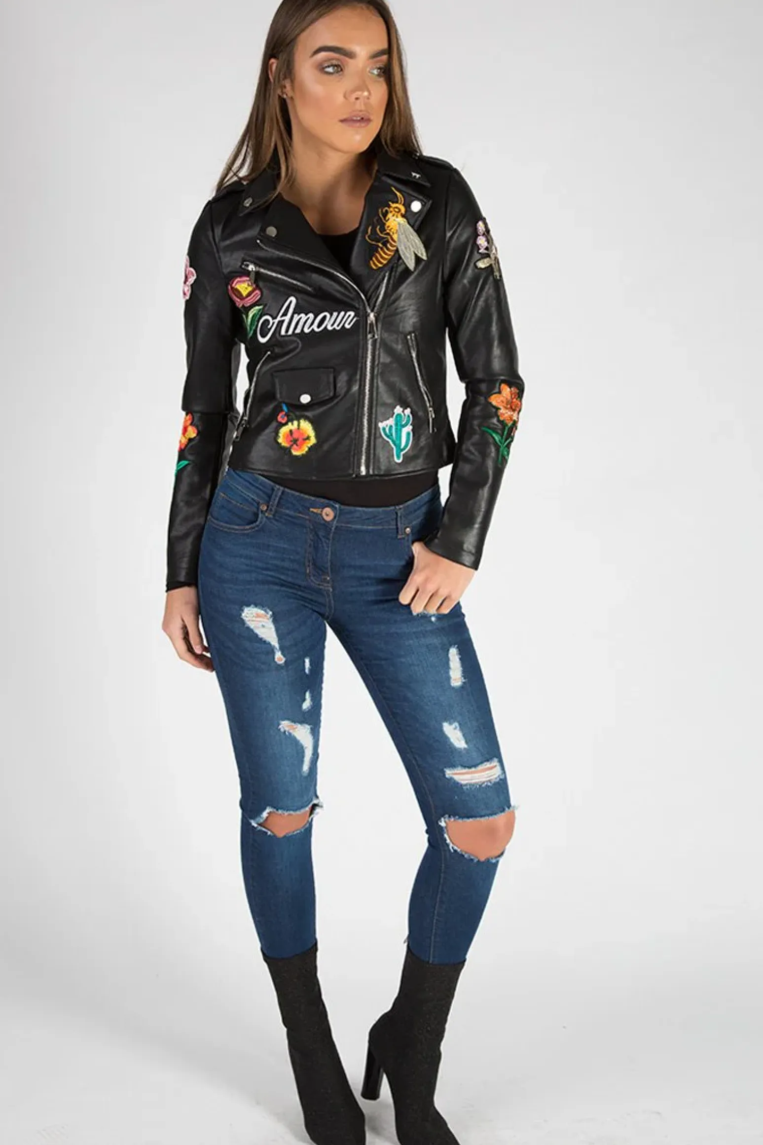 Rebellious Fashion Black Faux Leather Floral Embroidered Biker Jacket - Amelie
