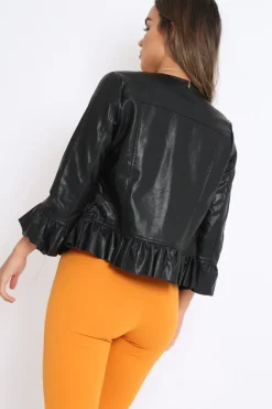 Rebellious Fashion Black Faux Leather Frill Hem Jacket - Cherrie