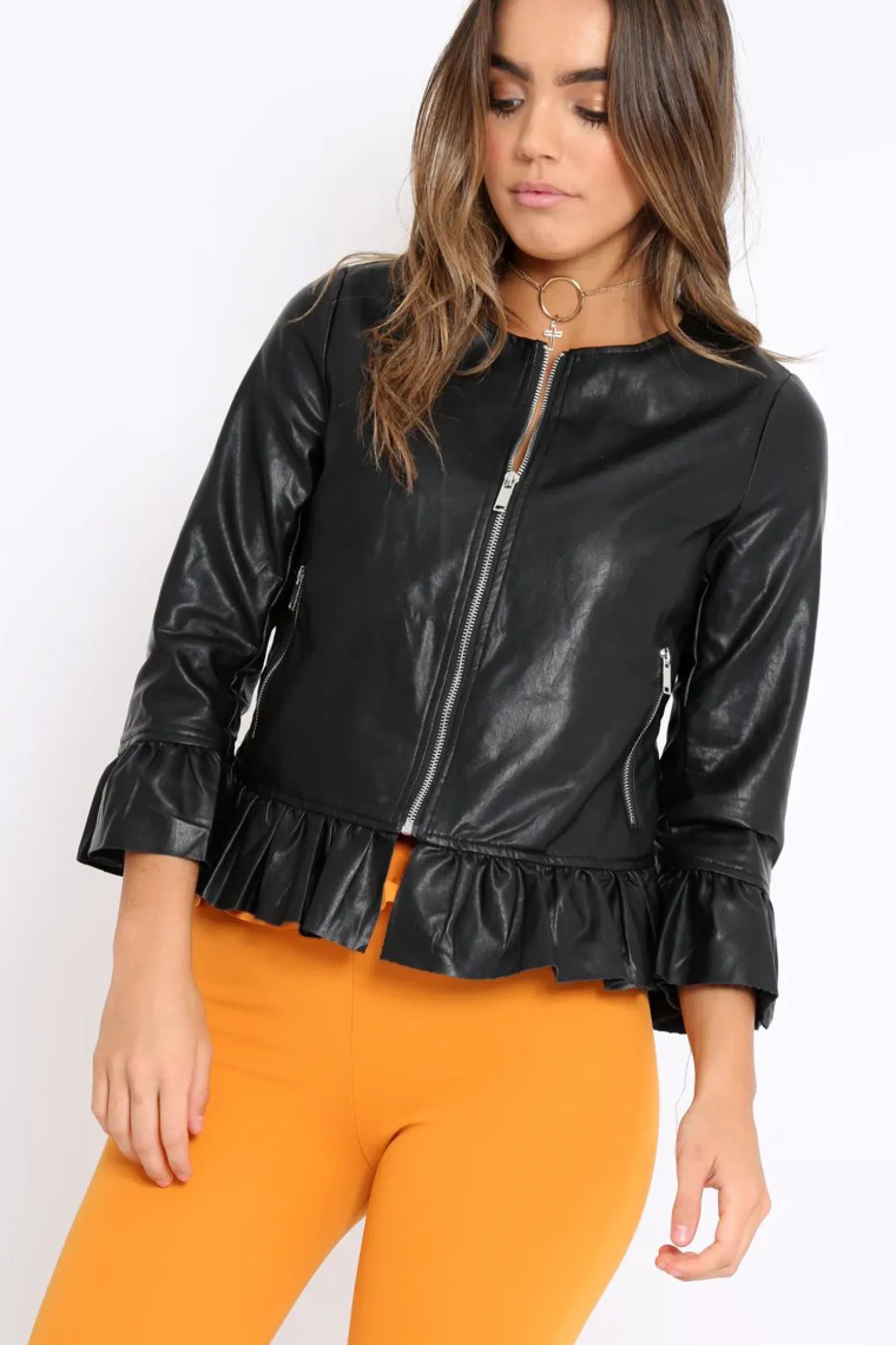 Rebellious Fashion Black Faux Leather Frill Hem Jacket - Cherrie