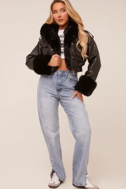 Rebellious Fashion Black Faux Leather Fur Lined Bomber Jacket - Larna