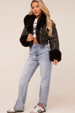 Rebellious Fashion Black Faux Leather Fur Lined Bomber Jacket - Larna