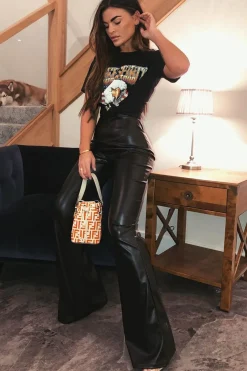 Rebellious Fashion Black Faux Leather High Waist Flared Trousers - Tori