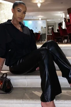 Rebellious Fashion Black Faux Leather High Waist Flared Trousers - Tori