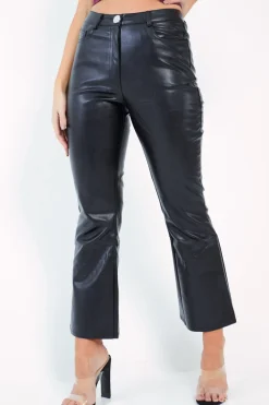 Rebellious Fashion Black Faux Leather Kick Flare Trousers - Nomie