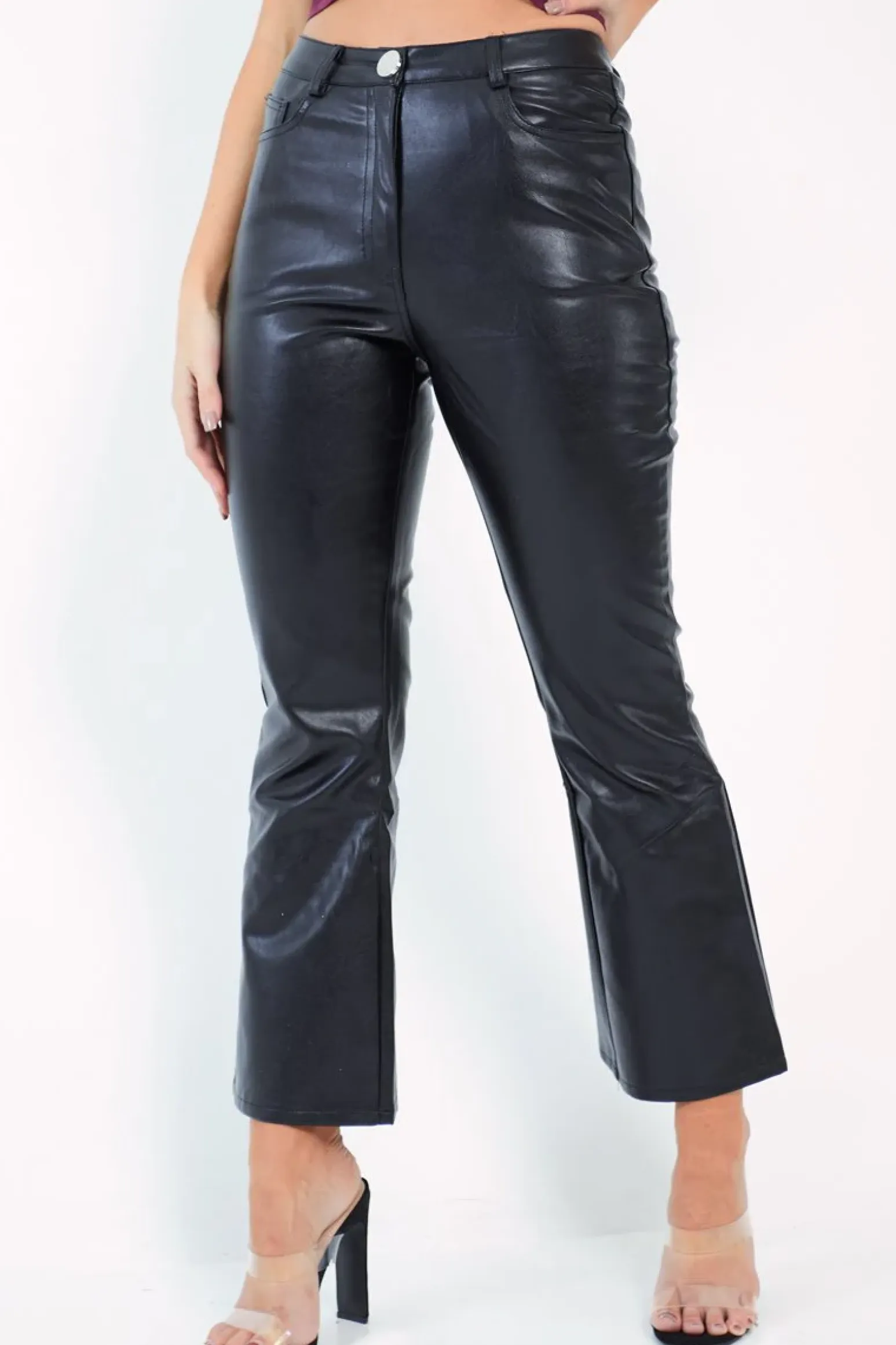 Rebellious Fashion Black Faux Leather Kick Flare Trousers - Nomie