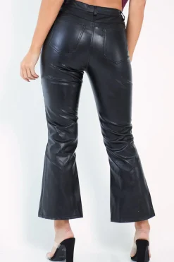 Rebellious Fashion Black Faux Leather Kick Flare Trousers - Nomie