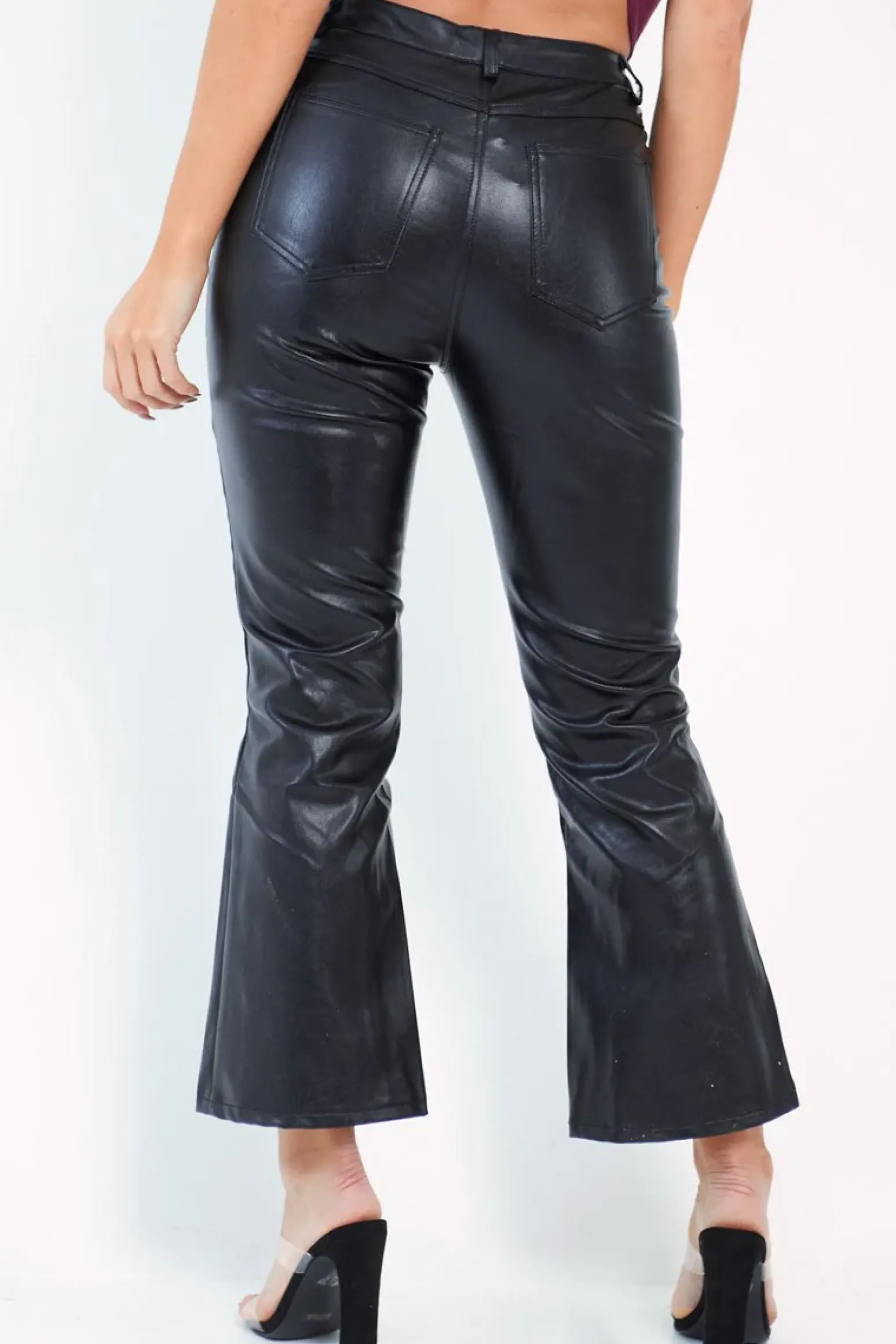 Rebellious Fashion Black Faux Leather Kick Flare Trousers - Nomie