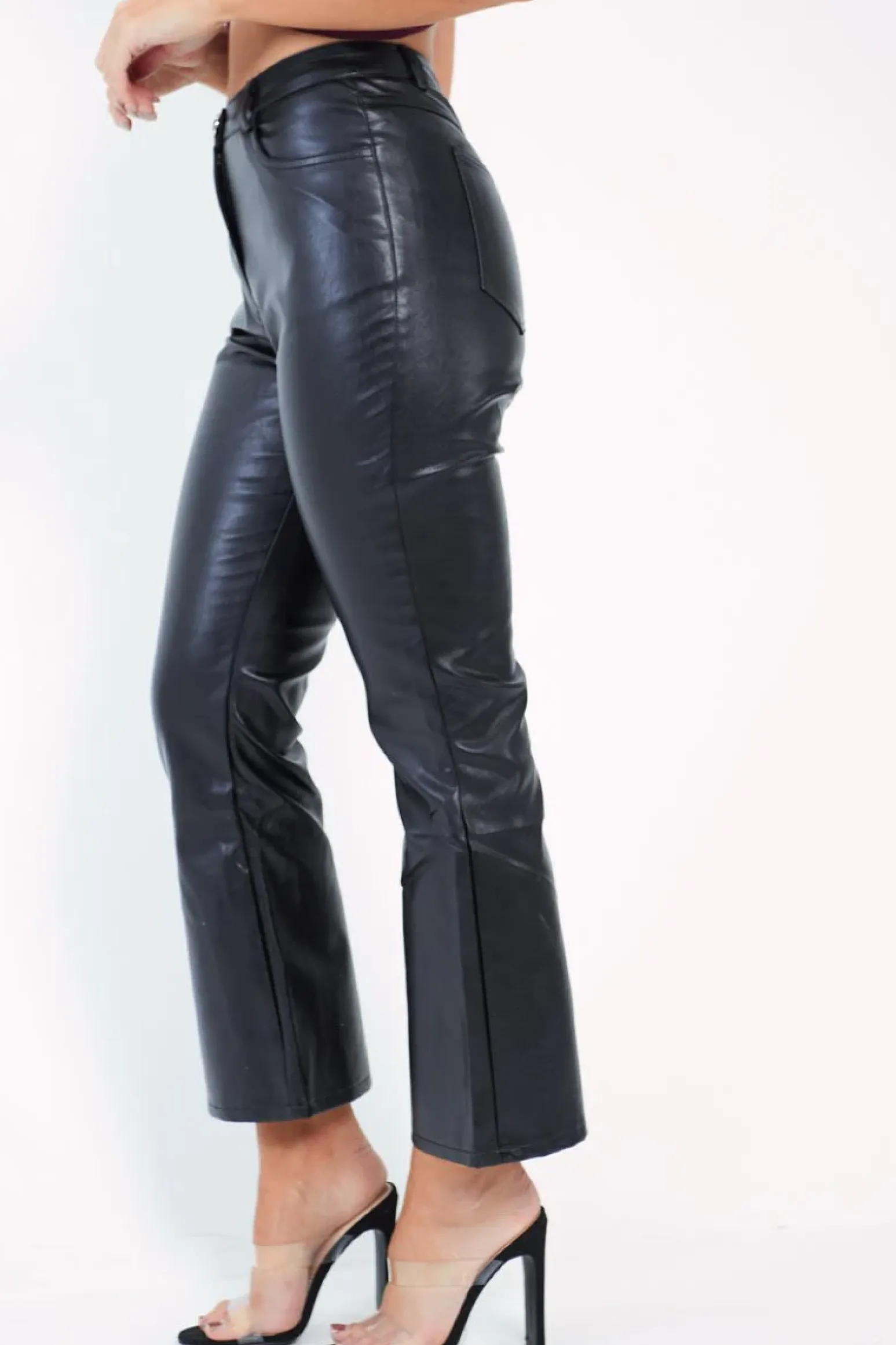 Rebellious Fashion Black Faux Leather Kick Flare Trousers - Nomie