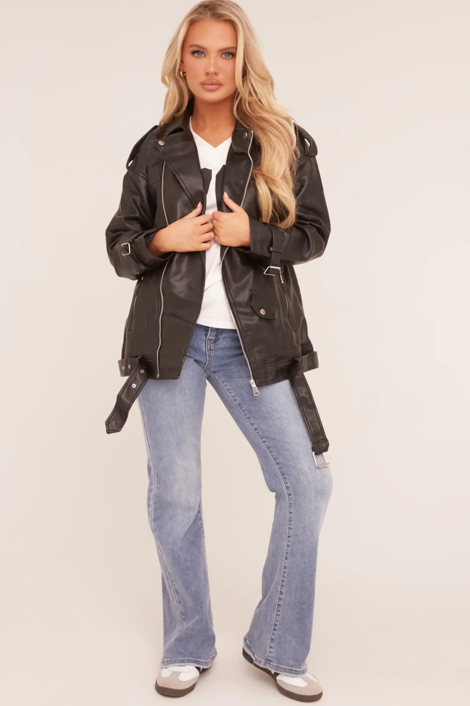 Rebellious Fashion Black Faux Leather Longline Biker Jacket - Billie