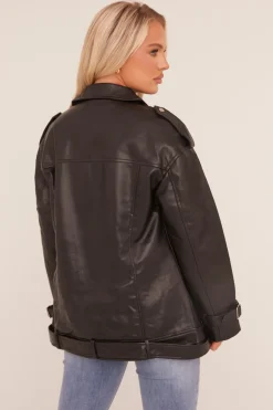 Rebellious Fashion Black Faux Leather Longline Biker Jacket - Billie