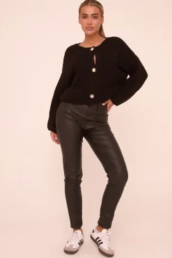 Rebellious Fashion Black Faux Leather Mid Waist Straight Leg Trousers - Deya